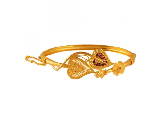 gold charm bracelet with meaningful engraving for gift-22k Precious Gold Bangles With Two Paans & Flower Shape Details