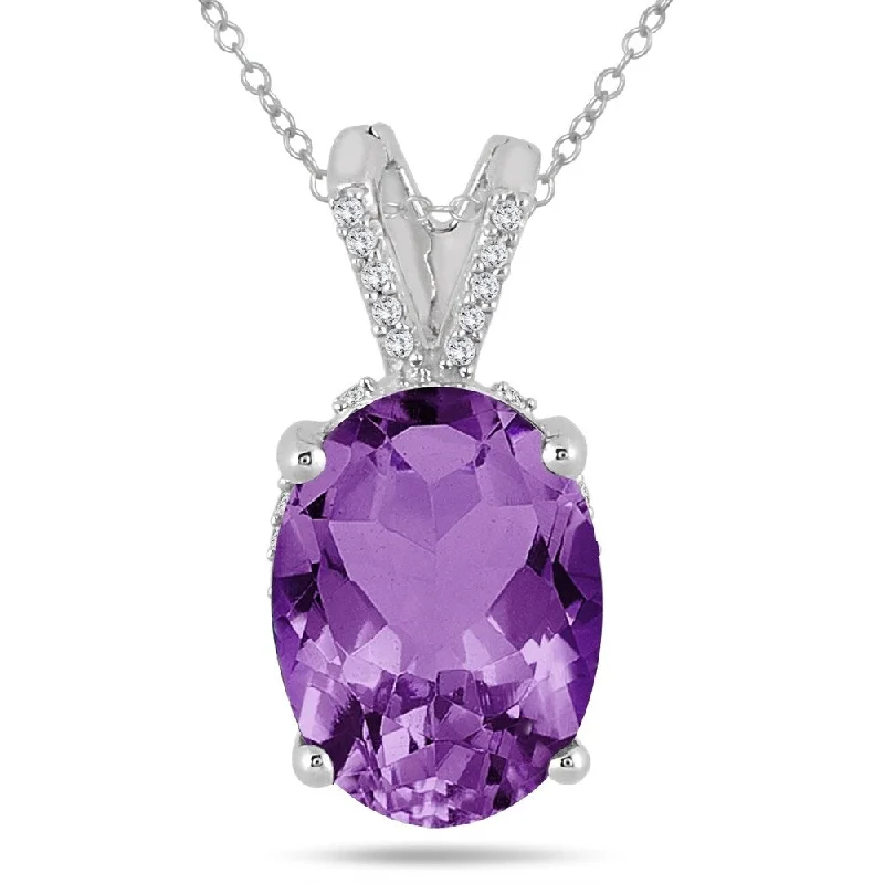 personalized necklace pendant with initials -7 Carat Oval Amethyst and Diamond Engraved Pendant in 10K White Gold