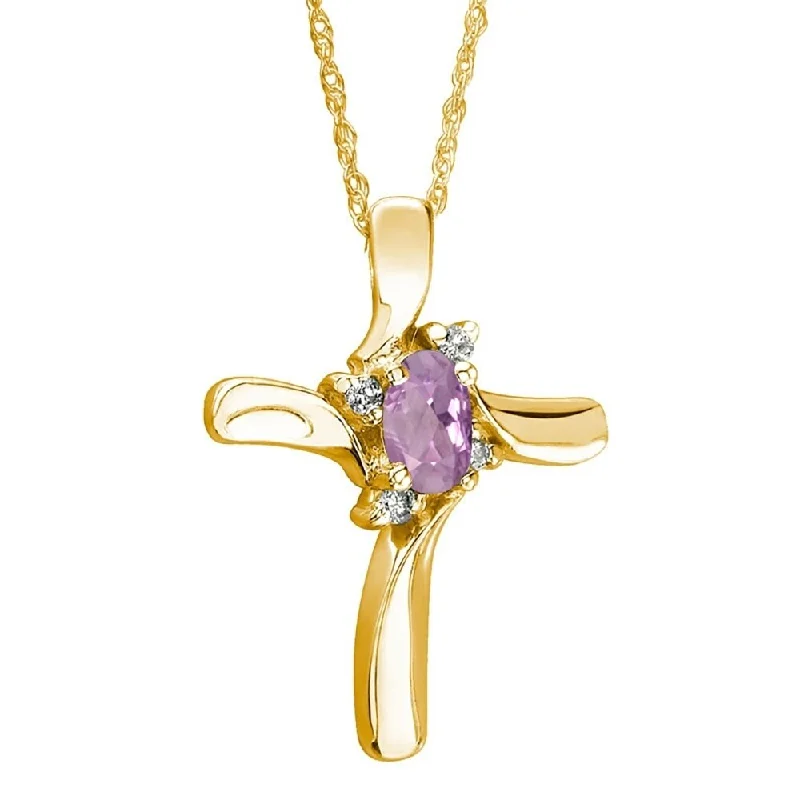 trendy heart pendant necklace with initials -Amethyst Cross Diamond Pendant 10k Yellow Gold