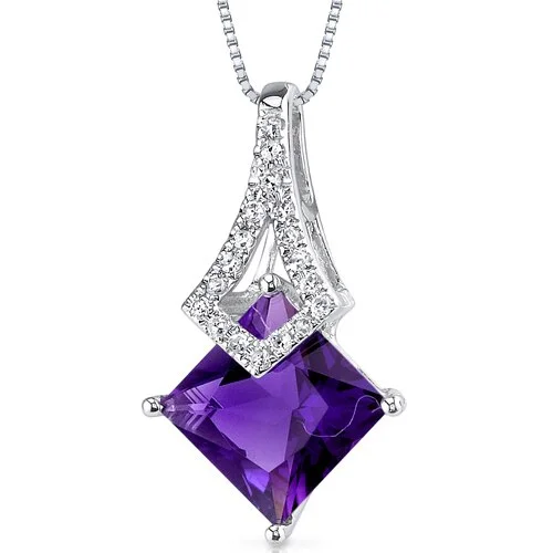 women’s gold pendant necklace with star -Amethyst and Diamond Pendant Necklace 14K White Gold 1.51 Carats Princess Cut