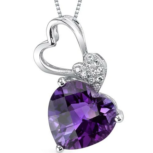 silver pendant necklace with gemstone charm -Amethyst and Diamond Pendant Necklace 14K White Gold 2.33 Carats Heart Shape