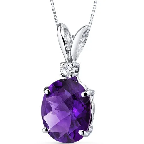 personalized gemstone pendant necklace gold -Amethyst and Diamond Pendant Necklace 14K White Gold 2.06 Carats Oval