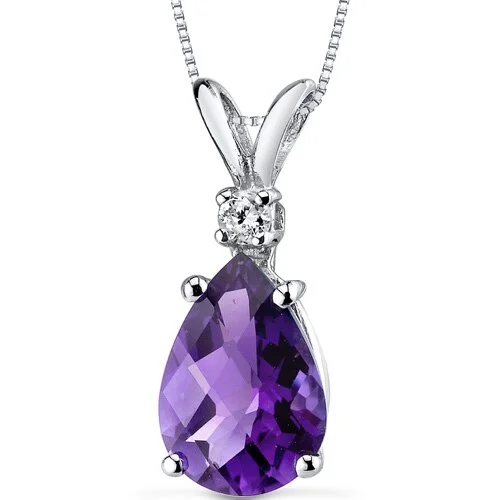 custom pendant necklace with heart design -Amethyst and Diamond Pendant Necklace 14K White Gold 1.58 Carats Pear Shape