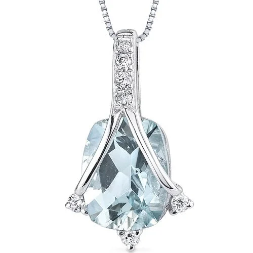 women’s personalized silver pendant necklace -Aquamarine and Diamond Pendant Necklace 14K White Gold 1.63 Carats Cushion Cut