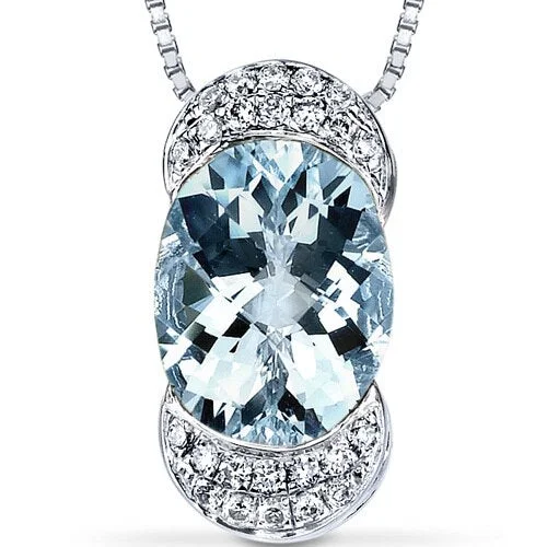 custom birthstone pendant necklace for women -Aquamarine Pendant Necklace 14 Karat White Gold Oval 1.75 Carats