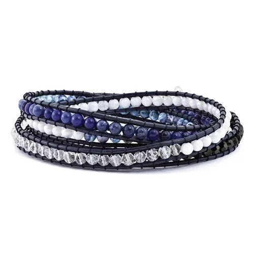 silver bracelet with lotus charm for peace and enlightenment-Blue Agate, Crystal, Sodalite & Leather Multi-Wrap Bracelet