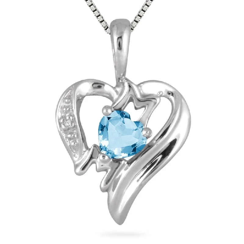 large pendant necklace with gemstone charm -Blue Topaz and Diamond Heart MOM Pendant in 10K White Gold