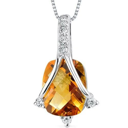 women’s personalized pendant necklace for anniversary -Citrine Pendant Necklace 14 Karat White Gold Cushion 1.86 Carats