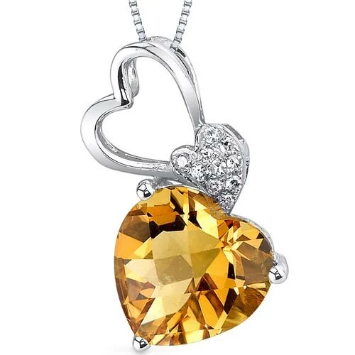 custom family pendant necklace silver -Citrine Pendant Necklace 14 Karat White Gold Heart 2.47 Carats