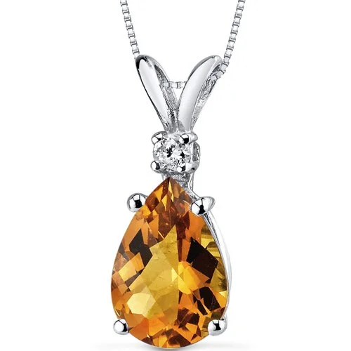 personalized crystal pendant necklace for brides -Citrine and Diamond Pendant Necklace 14K White Gold 1.58 Carats Pear Shape