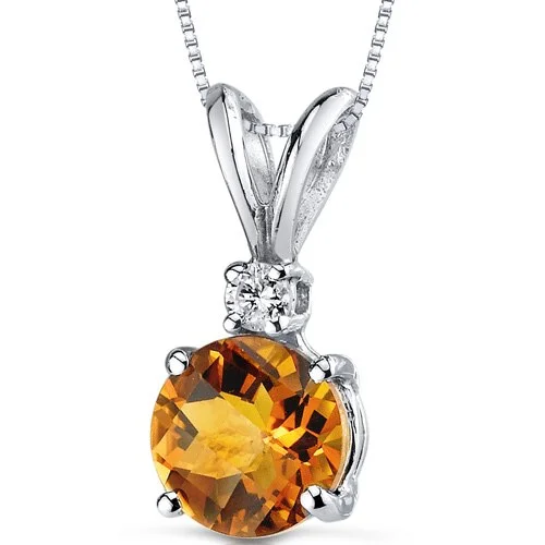 custom silver pendant necklace with nameplate -Citrine and Diamond Pendant Necklace 14K White Gold 0.98 Carat Round