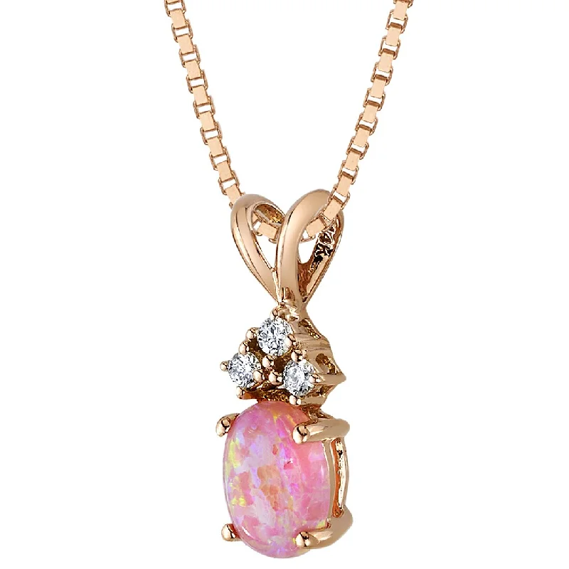 celestial gold pendant necklace with gemstone -Pink Opal and Diamond Pendant Necklace 14K Rose Gold Oval Shape