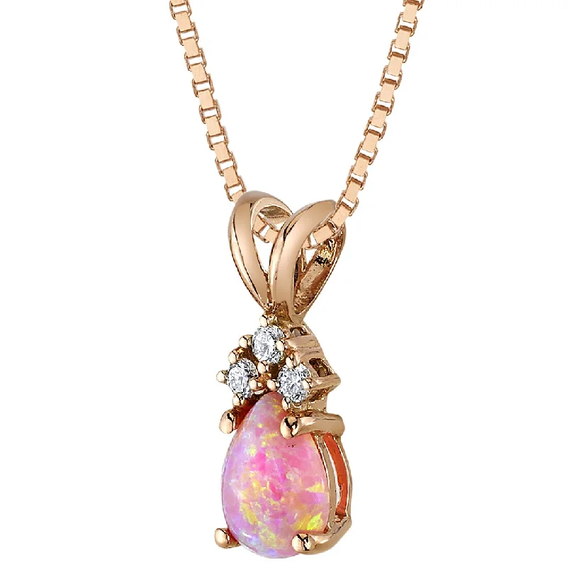 silver pendant necklace with crystal heart -Pear Shape Pink Opal and Diamond Pendant Necklace 14K Rose Gold