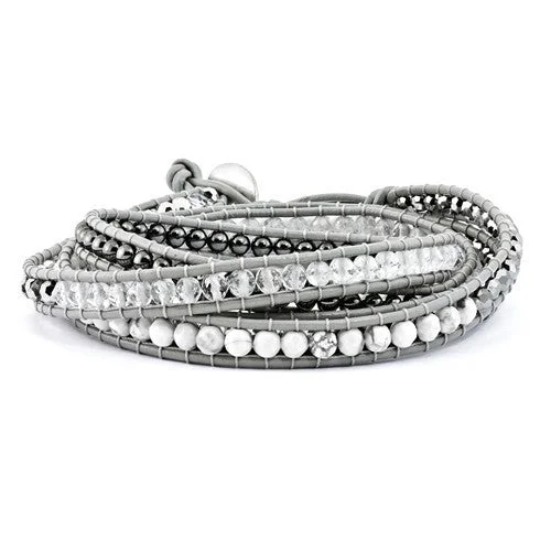 silver bracelet with heart charm for romantic gesture-Crystal, Hematite & White Howlite Bead Leather Multi-Wrap Bead Bracelet