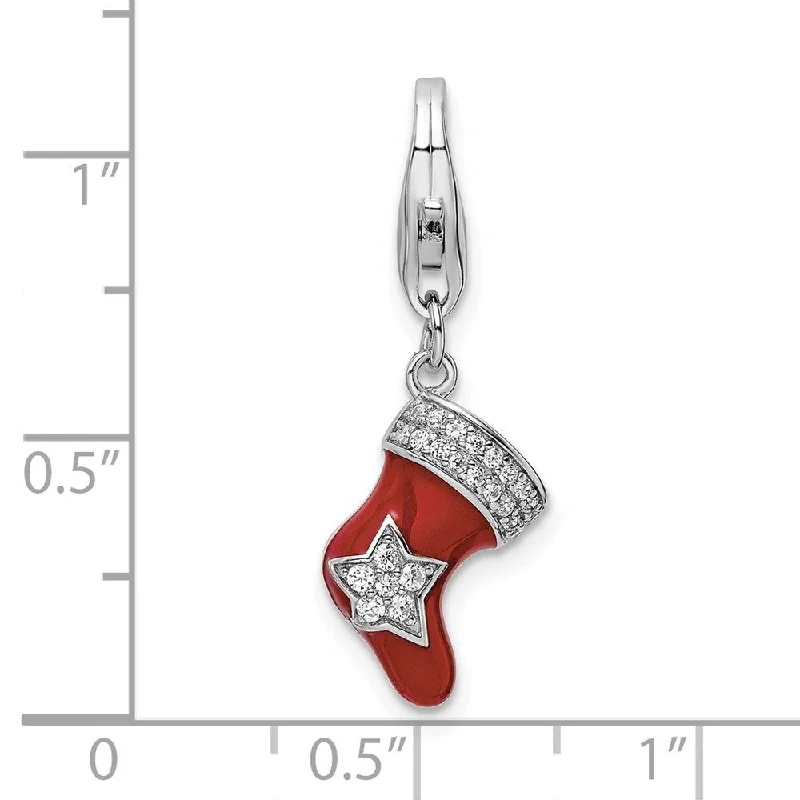 silver pendant necklace with heart and crystal -Diamond2Deal 925 Sterling Silver Amore La Vita Cubic Zirconia Enameled Stocking Pendant Charm (L-20.6mm, W-7.9mm)