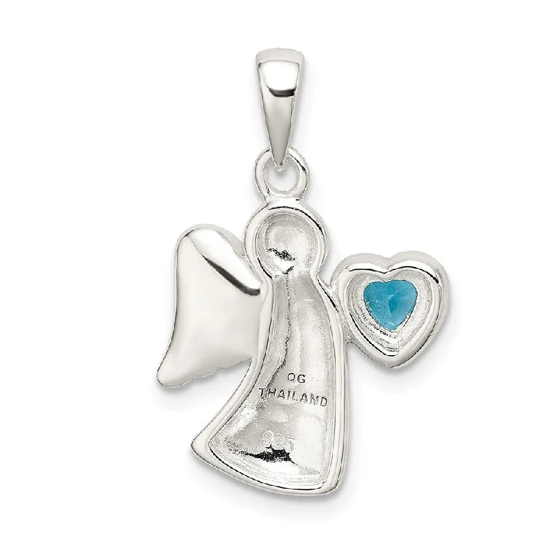 moonstone bar pendant necklace silver -Diamond2Deal 925 Sterling Silver Angel with Blue CZ Heart Pendant (L- 25 mm, W- 15 mm)