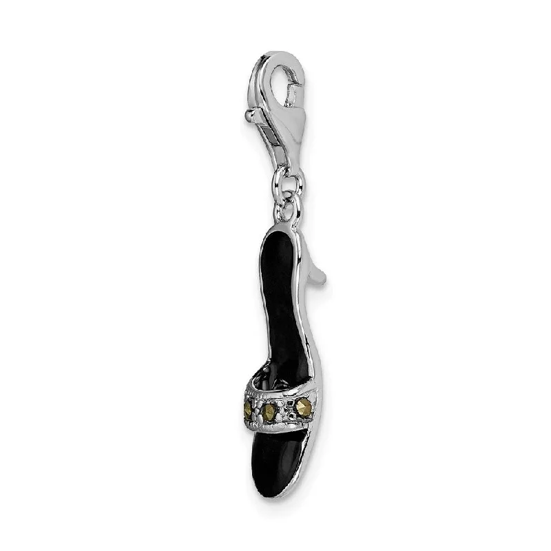 silver pendant necklace with pearl charm -Diamond2Deal 925 Sterling Silver Blk Enamel Polished Marcasite Shoe Lobster Clasp Pendant (L- 36 mm, W- 7 mm)