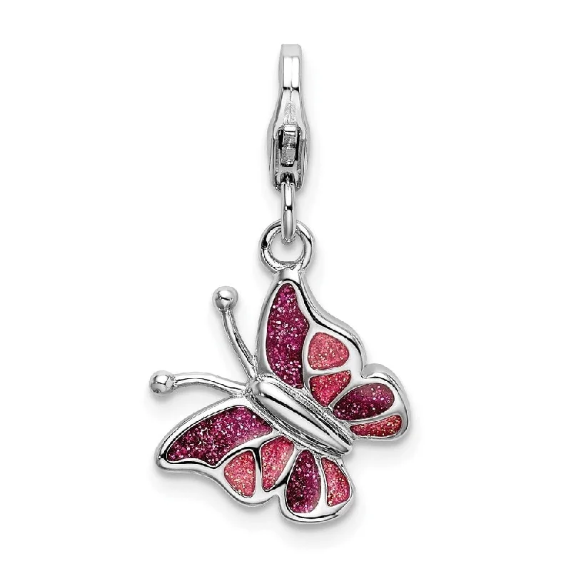 personalized crystal pendant necklace for brides -Diamond2Deal 925 Sterling Silver Pink White Enameled Butterfly Lobster Clasp Pendant