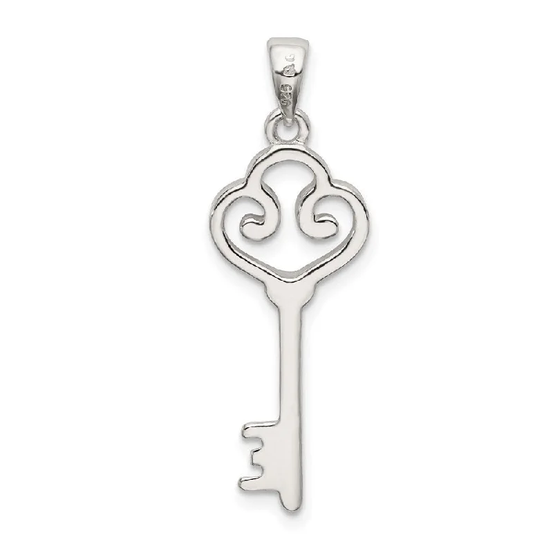 silver pendant necklace with pearl and charm -Diamond2Deal 925 Sterling Silver Polished Heart Key Pendant (L- 32.7 mm, W- 11 mm)