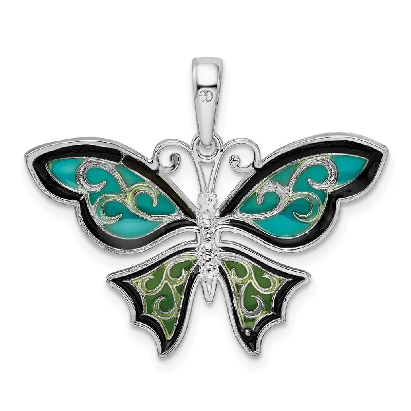 unique gold heart pendant necklace -Diamond2Deal 925 Sterling Silver Rhodium-Plated Polished Enameled Aqua Butterfly Charm Pendant