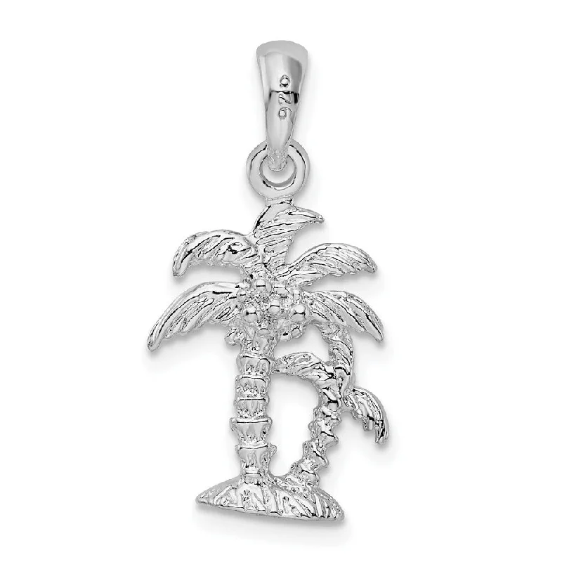 engraved pendant necklace with birthstone -Diamond2Deal 925 Sterling Silver Textured 3D Two Palm Trees Pendant (L-25.3mm)