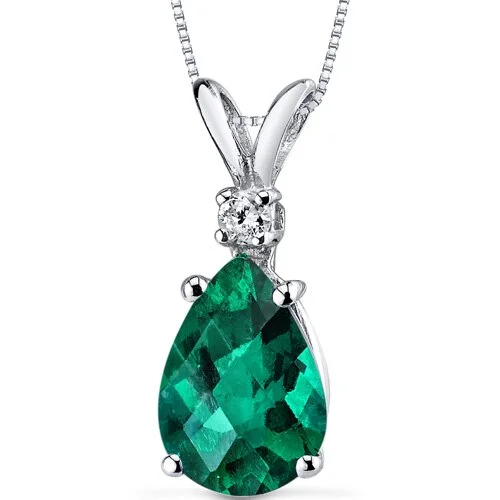 gold pendant necklace with personalized engraving -Emerald and Diamond Pendant Necklace 14K White Gold 1.72 Carats Pear Shape