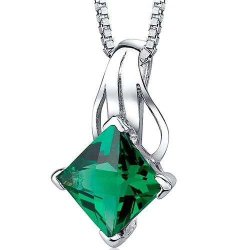 women’s dainty gemstone pendant necklace silver -Emerald Pendant Necklace Sterling Silver Princess Cut 2 Carats