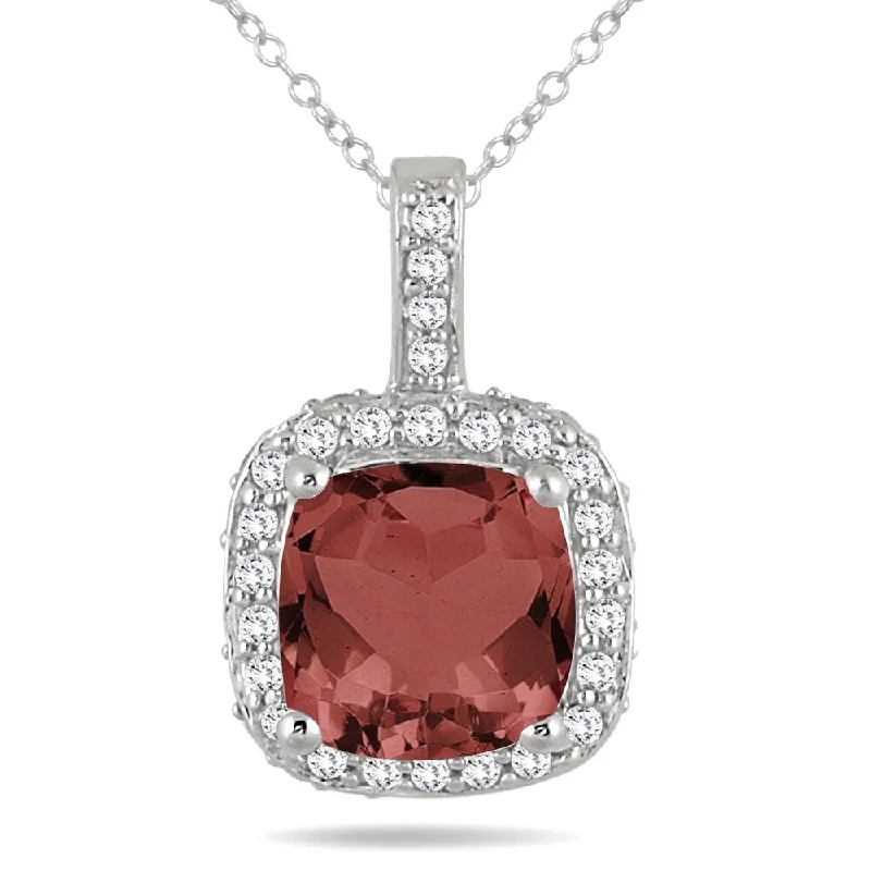 personalized pendant necklace for couples -Garnet and Diamond Halo Pendant in 10K White Gold