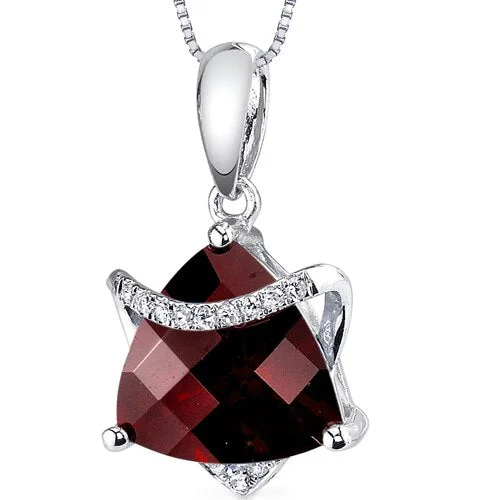 custom crystal pendant necklace silver -Garnet Pendant Necklace 14 Karat White Gold Triangle 3.15 Carats