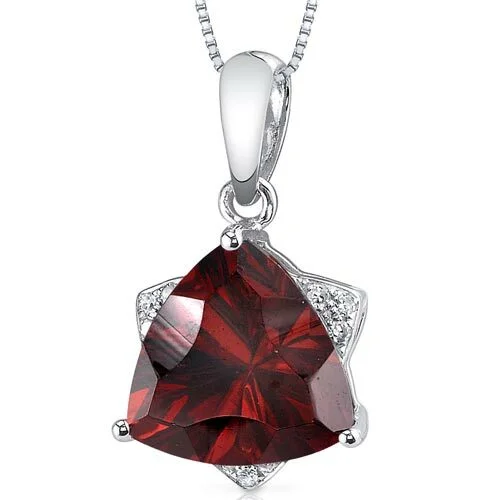 silver pendant necklace with pearl charm -Garnet Pendant Necklace 14 Karat White Gold Triangle 3.79 Carats