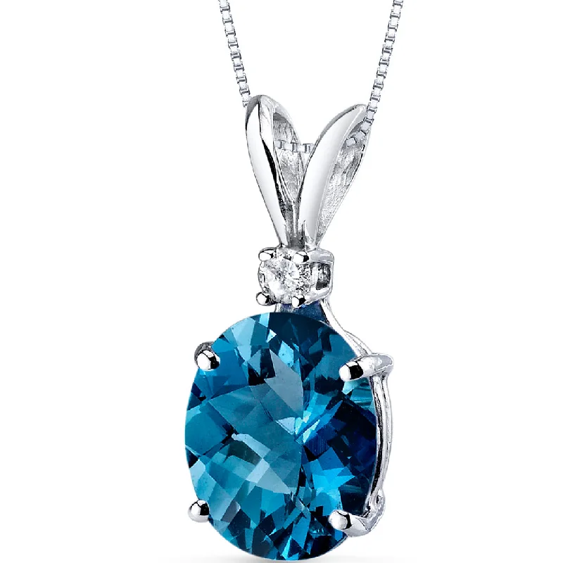 geometric pendant necklace with crystal -London Blue Topaz and Diamond Pendant Necklace 14K White Gold 3 Carats Oval