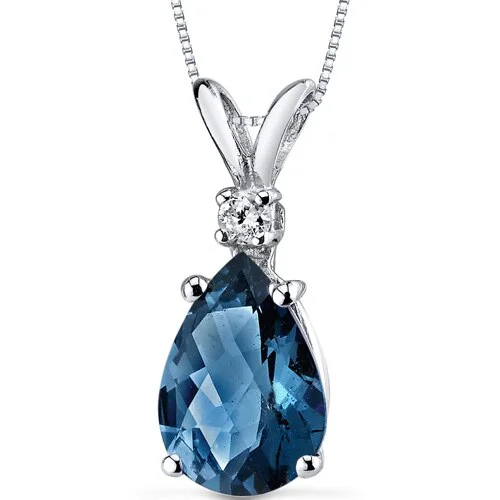 custom infinity necklace pendant gold -London Blue Topaz and Diamond Pendant Necklace 14K White Gold 1.99 Carats Pear Shape