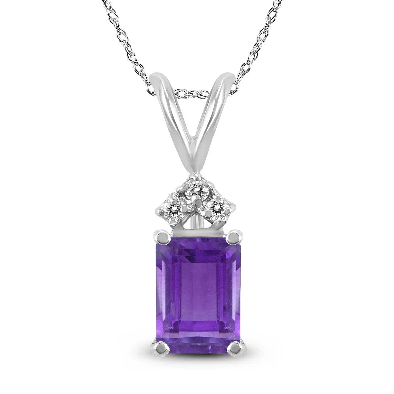 gold pendant necklace with charm and crystal -Marquee 14K White Gold 6x4MM Emerald Shaped Amethyst and Diamond Pendant