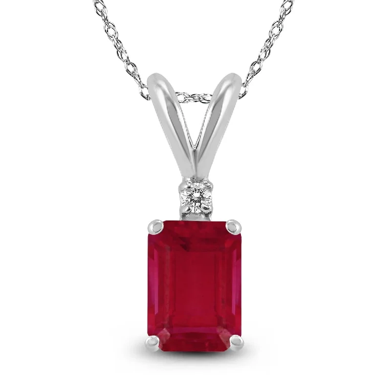 custom pendant necklace with gold moonstone -Marquee 14K White Gold 6x4MM Emerald Shaped Ruby and Diamond Pendant