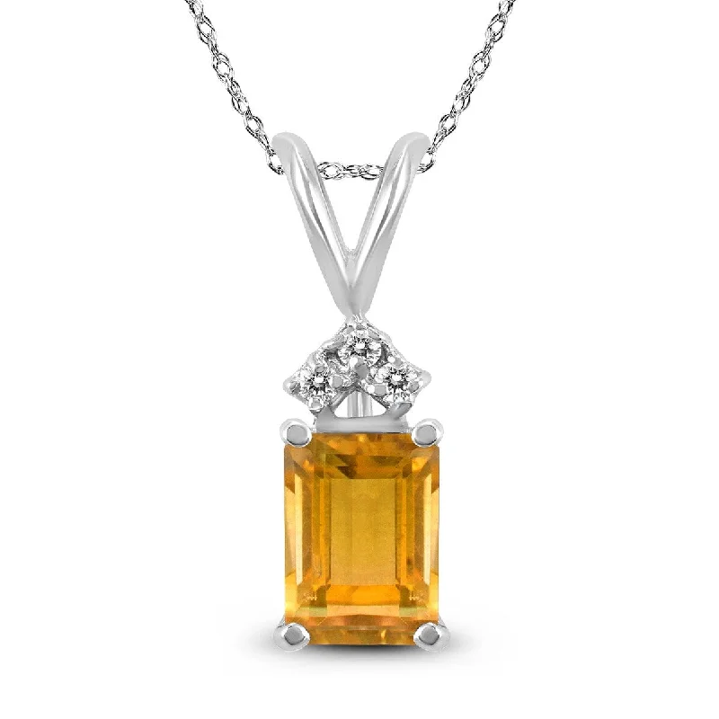 simple personalized pendant necklace silver -Marquee 14K White Gold 7x5MM Emerald Shaped Citrine and Diamond Pendant