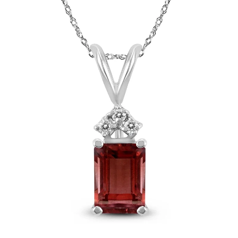 unique pendant necklace with gemstone -Marquee 14K White Gold 7x5MM Emerald Shaped Garnet and Diamond Pendant