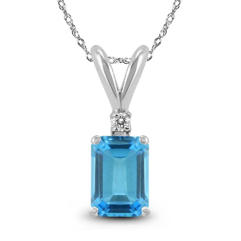 trendy heart pendant necklace with message -Marquee 14K White Gold 8x6MM Emerald Shaped Blue Topaz and Diamond Pendant