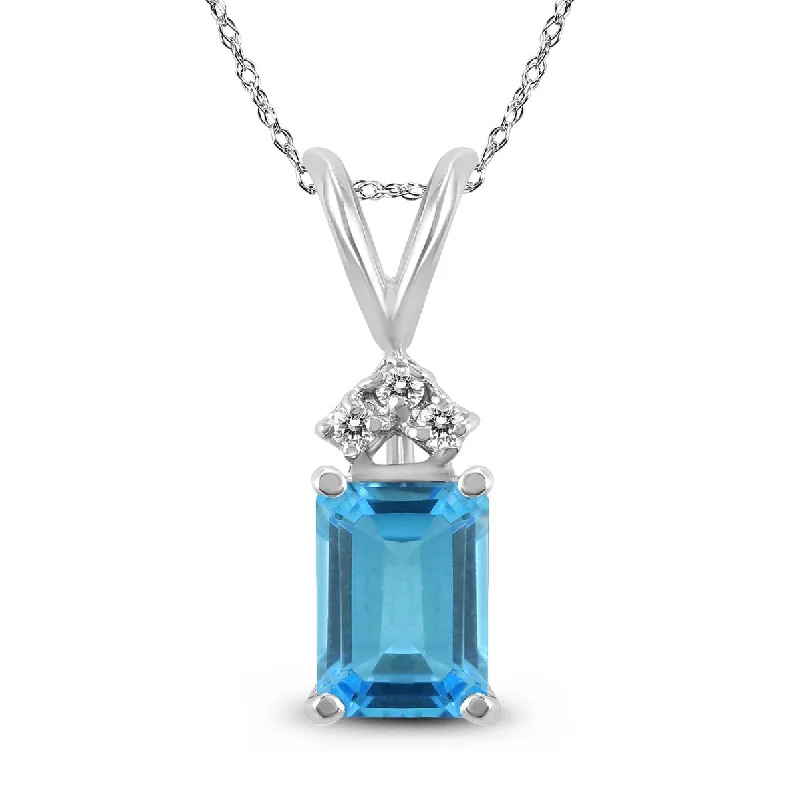 personalized silver pendant necklace for couples -Marquee 14K White Gold 8x6MM Emerald Shaped Blue Topaz and Diamond Pendant