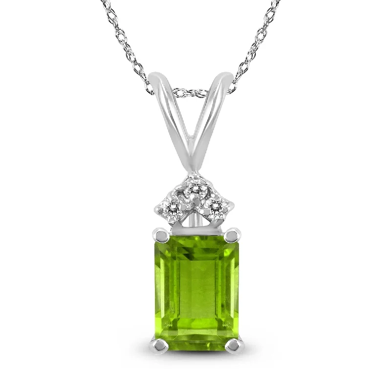 moonstone pendant necklace with charm silver -Marquee 14K White Gold 8x6MM Emerald Shaped Peridot and Diamond Pendant