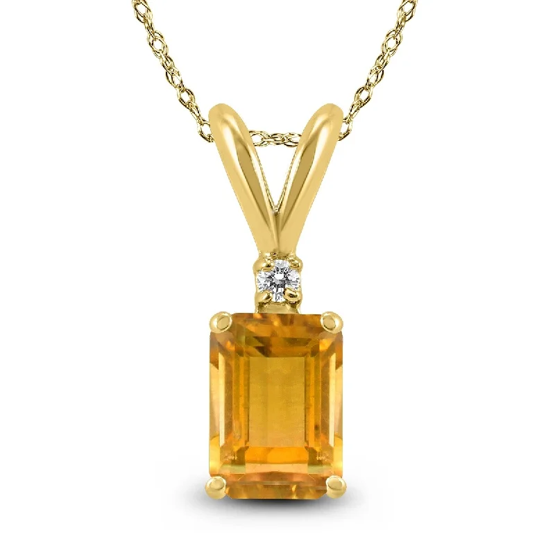 personalized pendant necklace with moonstone -Marquee 14K Yellow Gold 6x4MM Emerald Shaped Citrine and Diamond Pendant