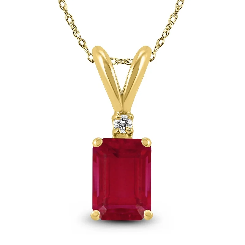 silver heart pendant necklace with gemstone -Marquee 14K Yellow Gold 6x4MM Emerald Shaped Ruby and Diamond Pendant