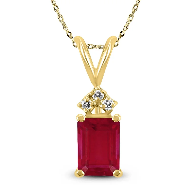 silver pendant necklace with moonstone charm -Marquee 14K Yellow Gold 6x4MM Emerald Shaped Ruby and Diamond Pendant