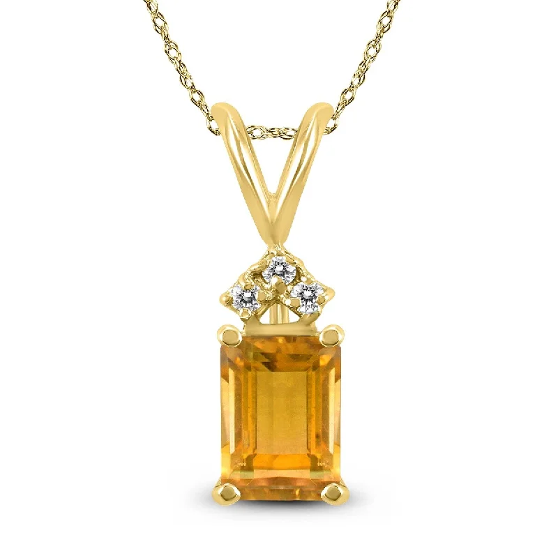 engraved gold pendant necklace with heart -Marquee 14K Yellow Gold 7x5MM Emerald Shaped Citrine and Diamond Pendant