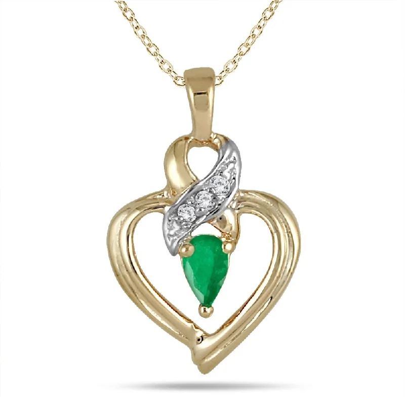 custom engraved pendant necklace for men -Pear Shaped Emerald and Diamond Ribbon Heart Pendant in 10k Yellow Gold