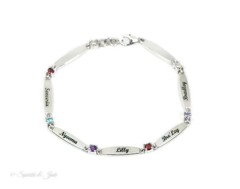 silver bracelet with engraved coordinates for family memories-Engraved Name Mother's Family Birthstone Bracelet