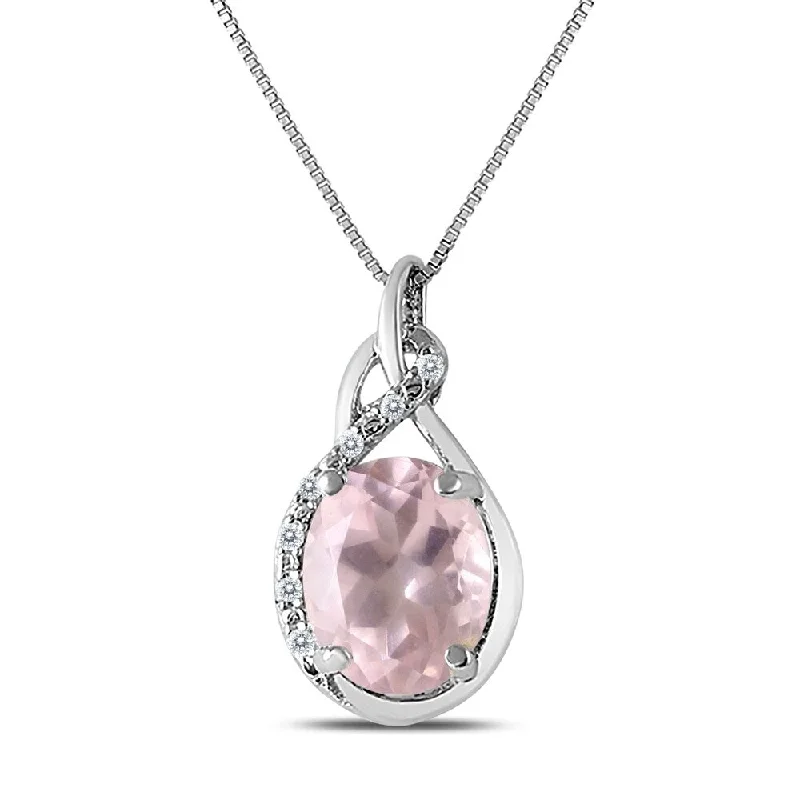 custom nameplate pendant necklace silver -Pink Quartzs and Diamond Pendant in .925 Sterling Silver