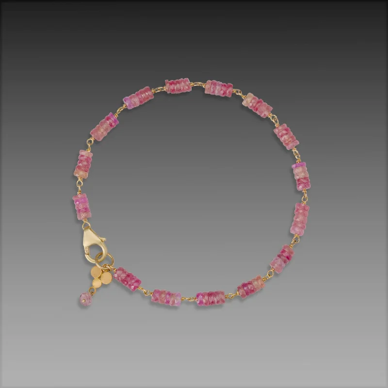 custom leather bracelet with engraved coordinates for significant places-Pink Sapphire and Gold Linked Bracelet