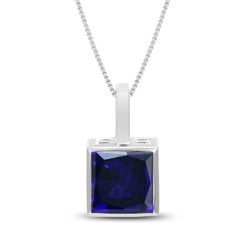 personalized gemstone pendant necklace silver -Princess Cut Lab Created Blue Sapphire Bezel Set Square Pendant in .925 Sterling Silver