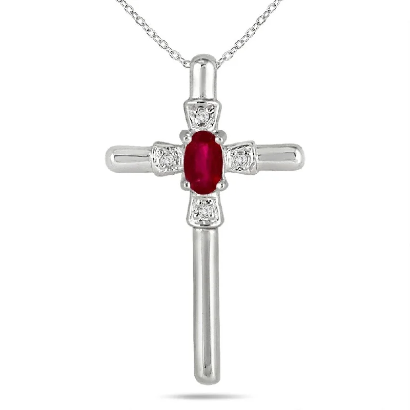 large silver pendant necklace with gemstone -Ruby and Diamond Cross Pendant 10K White Gold