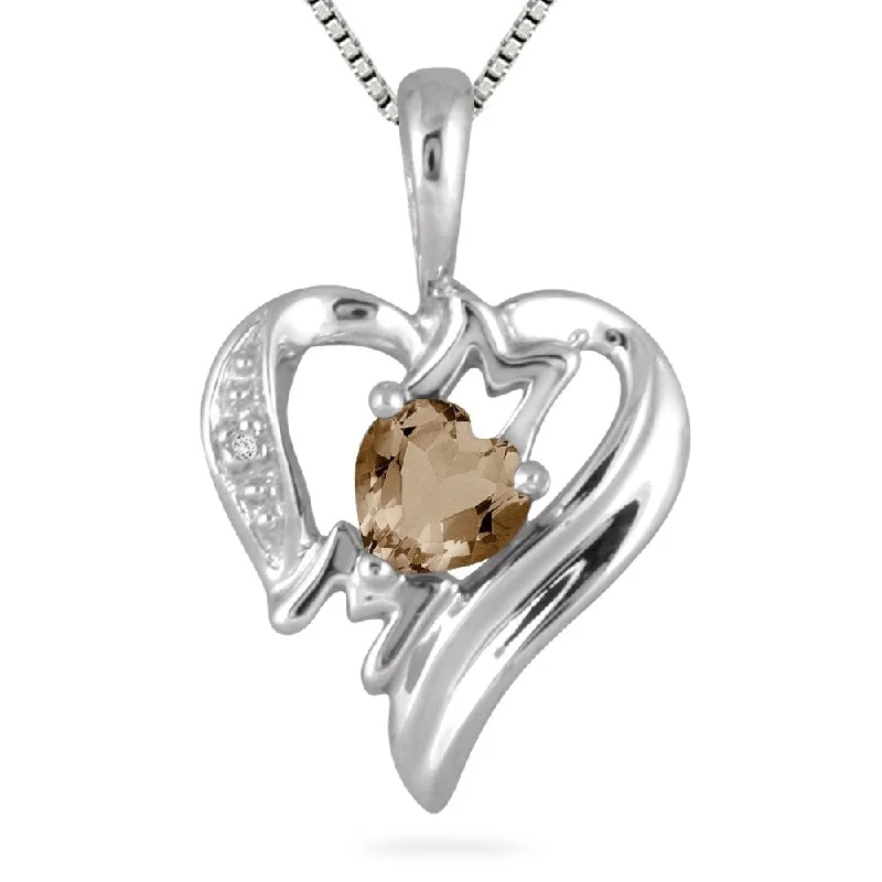 celestial pendant necklace with star charm -Smokey Quartz and Diamond Heart MOM Pendant in 10K White Gold